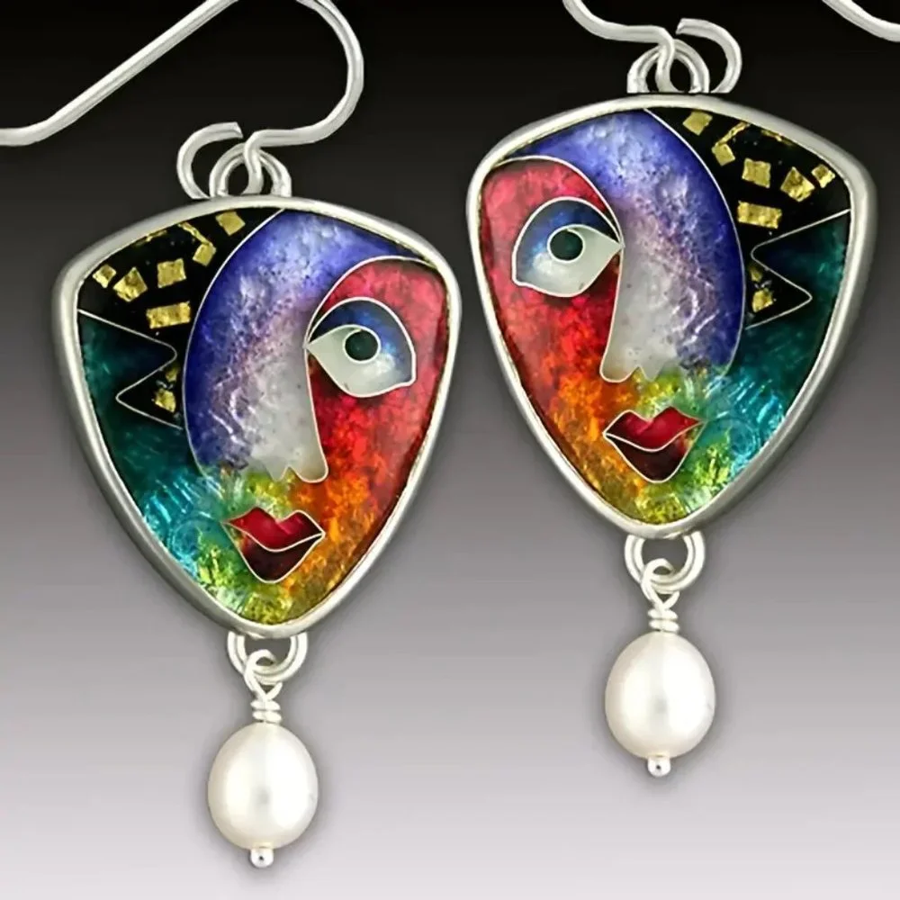 925 Silver Plated Abstract Art Colorful Face Drop Earrings - NEW - Picture 2 of 4